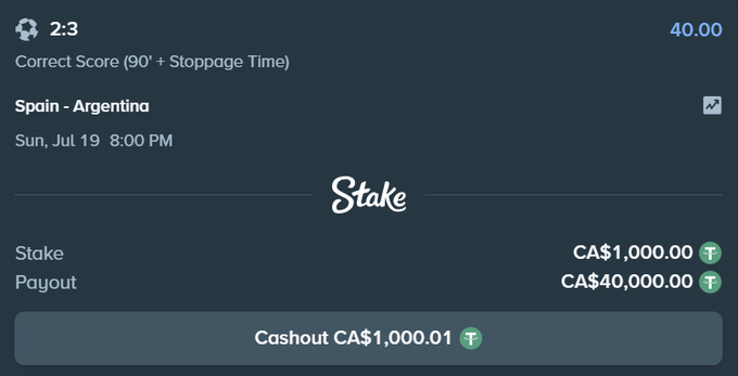 A Stake.com betting slip showing a CA$1,000 wager on Spain vs Argentina (Correct Score 2-3) with a potential CA$40,000 payout, shared to back up a promised $2,500 giveaway if the bet hits. The cashout option of CA$1,000.01 is visible at the bottom, with the user inviting others to drop their Stake IDs to participate.