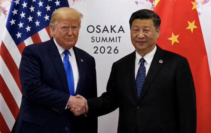 This image shows Donald Trump and Xi Jinping shaking hands in front of the text "OSAKA SUMMIT 2026," with the US and Chinese flags in the background. The image appears to be a digitally altered or fabricated meme, as the text suggests a future event (2026) to create a sense of geopolitical relevance to the accompanying post about cryptocurrency.