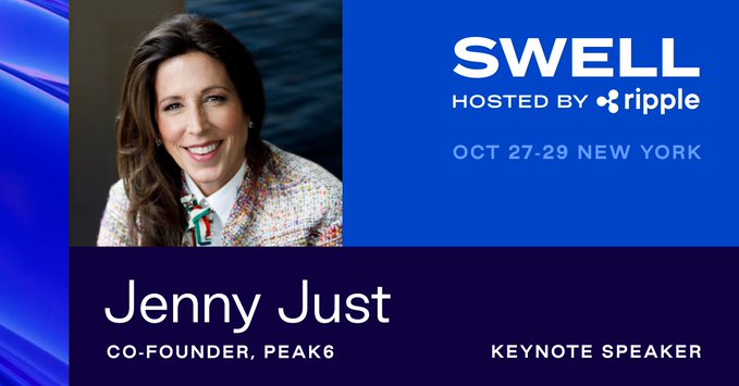 A promotional graphic for 'SWELL HOSTED BY ripple' in New York on Oct 27-29, featuring a keynote speaker named Jenny Just, co-founder of Peak6.