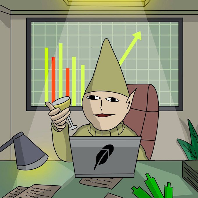 A cartoon illustration shows a hooded figure with pointed ears holding a wine glass in front of a laptop displaying a feather/quill logo, with a green bar chart and upward arrow on a screen behind them.