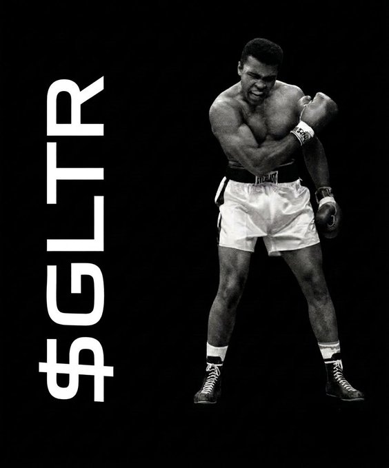 The image is a black and white poster featuring a muscular boxer in white shorts and gloves, posed in a fighting stance alongside the vertical text "$GLTR," which mirrors the ticker symbol referenced in the post to promote the token as a potential undervalued investment opportunity.