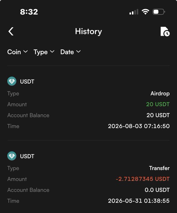 A mobile crypto transaction history showing a 20 USDT airdrop on 2026-08-03 bringing the balance to 20 USDT, and a prior transfer of -2.71287345 USDDT on 2026-05-31 leaving a 0.0 USDT balance.