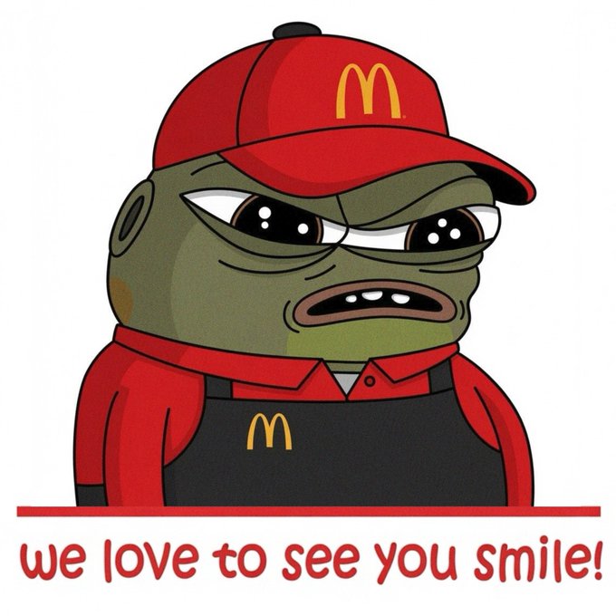 A cartoon depiction of a green Pepe the Frog character dressed in a red and black McDonald's uniform with the golden arches logo, featuring the text 'we love to see you smile!' below.