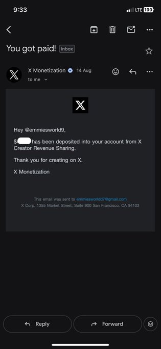 A mobile screenshot of an email from X Monetization notifying a payment has been deposited into the user's account.