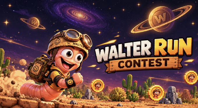 A colorful promotional graphic for 'WALTER RUN CONTEST' featuring a cartoon character with a helmet running through a desert landscape with planets and coins.