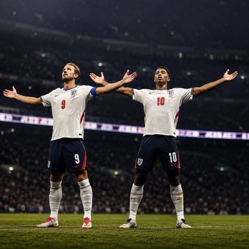 Two England soccer players, wearing jerseys numbered 9 (Harry Kane) and 10, stand on the pitch with arms outstretched in celebration, likely after scoring goals—matching the post's boast about a $5M sports betting win on two perfect scorelines.