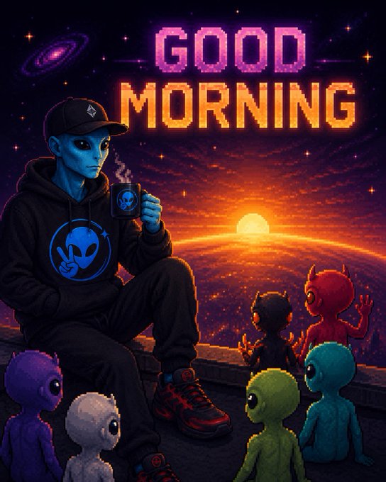 Digital artwork with 'GOOD MORNING' text showing a blue alien with a coffee mug surrounded by small colorful aliens against a sunset backdrop.