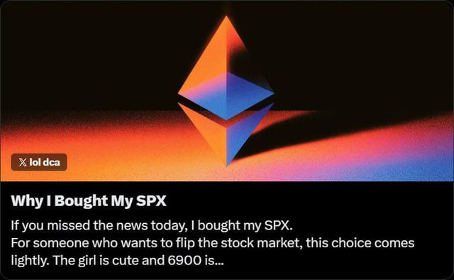 The main focus of the image is a screenshot of an article, presumably about cryptocurrencies or Bitcoin. The title reads "Why I bought My SPX," indicating that someone has purchased Bitcoins or another form of cryptocurrency, likely after reading this blog post. The image also features an illustration of a blue and orange triangle with the text "Built on Ethereum technologies." This refers to the blockchain technology used for transactions in cryptocurrencies like Bitcoin.