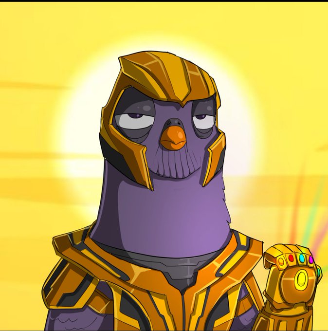 A purple pigeon character wearing golden armor, resembling Thanos, holds up a gauntlet with colorful Infinity Stones against a bright yellow sunset background.