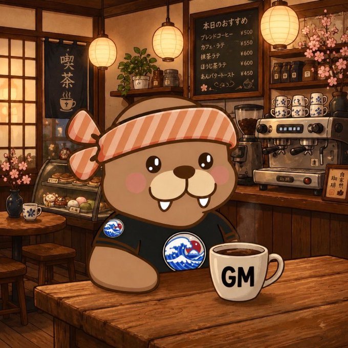 A cartoon-style illustration of a cute bear wearing a striped bandana sitting at a wooden table in a Japanese-style coffee shop, with a mug labeled 'GM' in front of it and a menu in Japanese in the background.