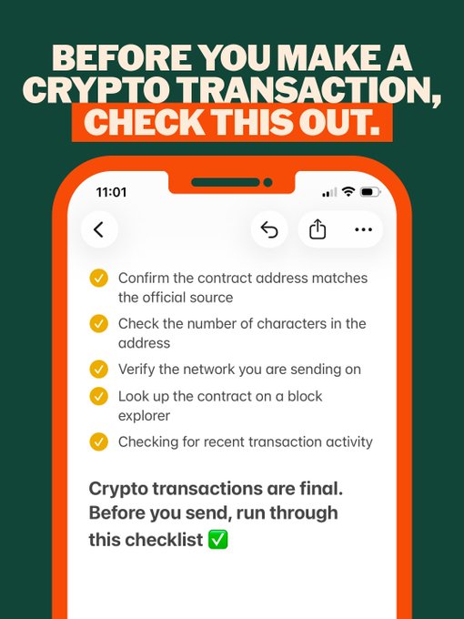 A phone displays a pre-transaction crypto checklist with key verification steps, including confirming contract address, checking character count, and verifying network and transaction activity. The checklist complements the post's advice by emphasizing the importance of a test run to avoid irreversible mistakes before sending crypto.