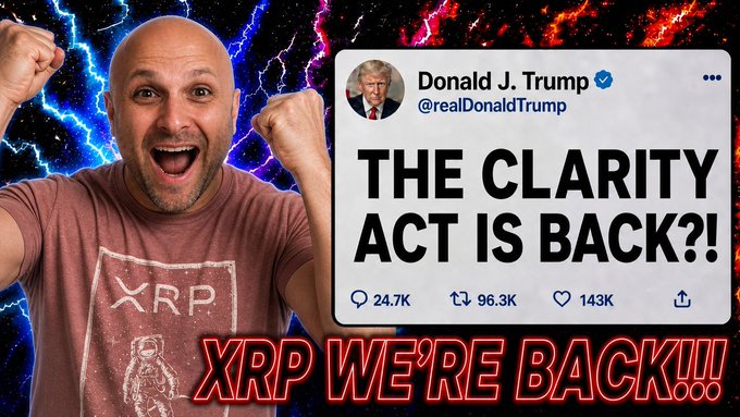 An enthusiastic man wearing an "XRP" shirt celebrates with raised fists next to a screenshot of a Donald J. Trump tweet declaring "THE CLARITY ACT IS BACK?!", with overlaid red text reading "XRP WE'RE BACK!!!" and engagement metrics showing 24.7K comments, 96.3K retweets, and 143K likes. The image visually reinforces the post's excitement about Tom Emmer's confidence that the Clarity Act will pass by year's end, suggesting a major win for XRP and crypto regulation.