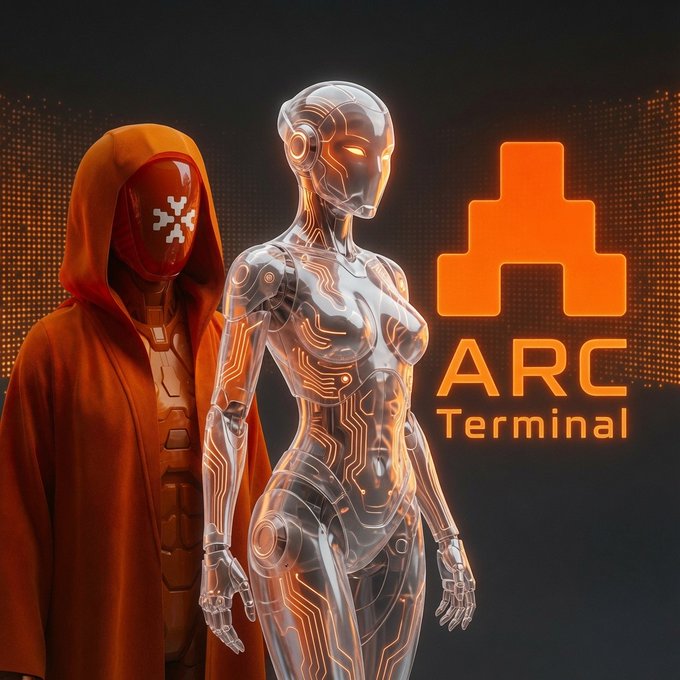 A promotional image for 'ARC Terminal' featuring a transparent cybernetic female android with glowing orange circuitry alongside a hooded figure in red, with the ARC Terminal logo.