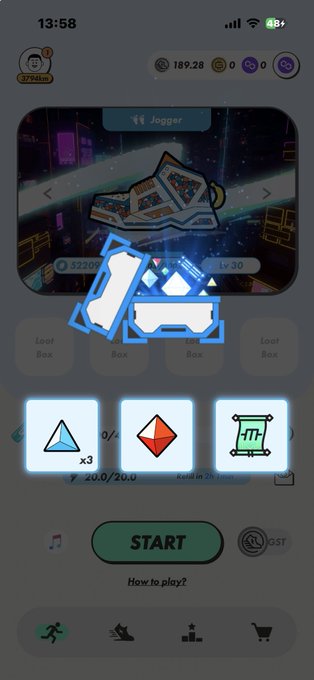A mobile game screenshot displays a user interface with a 'Jogger' character, loot boxes, and shape-matching puzzle pieces, with a green 'START' button and 'How to play?' text visible.