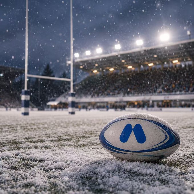 A rugby ball with a blue 'M' logo rests on a snow-covered field, with stadium lights shining through falling snow and blurred grandstands in the background.