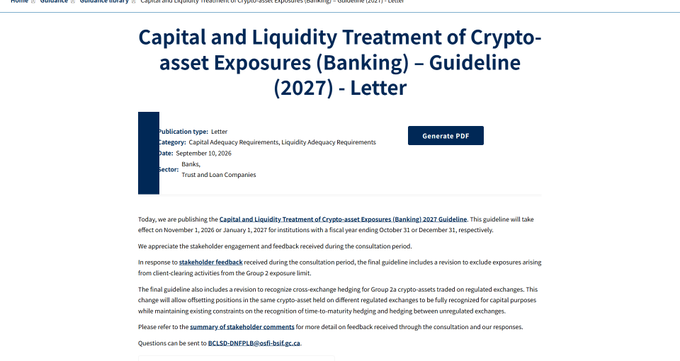 A webpage displaying the OSFI (Office of the Superintendent of Financial Institutions) publication titled 'Capital and Liquidity Treatment of Crypto-asset Exposures (Banking) – Guideline (2027) – Letter', dated September 10, 2026.