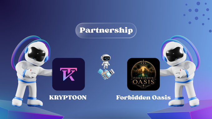 The image features two astronaut-style robot characters flanking the logos of "KRYPTOON" and "FORBIDDEN OASIS," with the small robot in the center holding hands under a "Partnership" banner, visually announcing the strategic partnership between the two platforms.