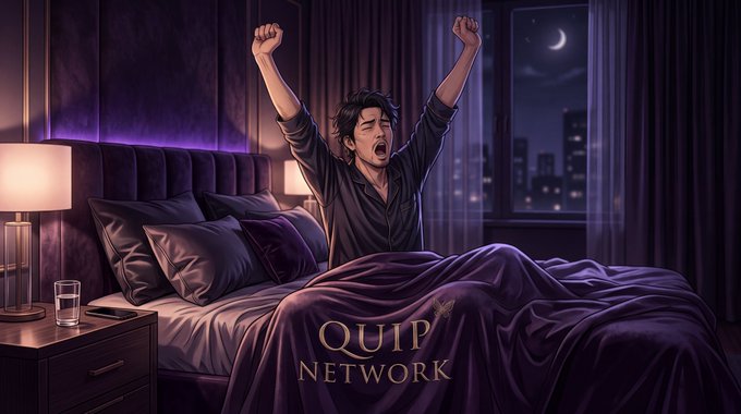 A man stretches with arms raised while yawning in a dimly lit bedroom at night, with the text "QUIP NETWORK" displayed on the blanket. The image pairs with the post's goodnight message, capturing the moment of winding down and letting go of the day's events before sleep.