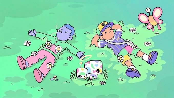 Two cartoon figures and a small robot relax on a grassy field filled with flowers, accompanied by a floating butterfly and a worm. The caption references Doodles #475, Doopies #10205, and Doopies #7274, matching the whimsical characters lounging among the blooms, and gives a shoutout to a "bee keeper who imported a foreign queen," tying into the peaceful, nature-filled scene.