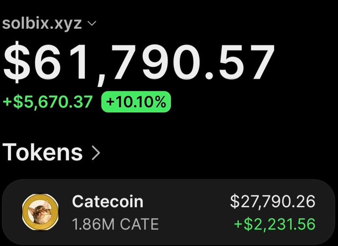 A crypto portfolio screenshot showing the wallet "solbix.xyz" with a total balance of $61,790.57 (+$5,670.37, +10.10%), highlighting a $27,790.26 position in Catecoin (1.86M CATE) with +$2,231.56 in gains—visually supporting the post's claim of turning $12,600 into over $30,000 profit on $CATE.