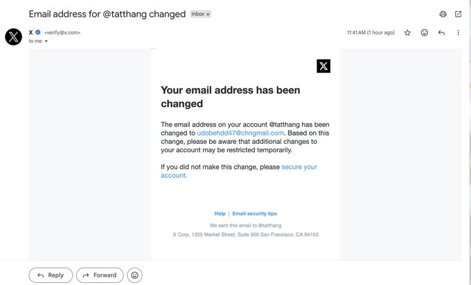 A screenshot of an X (formerly Twitter) email notification in an inbox, reading 'Your email address has been changed' for the account @tatthang, alerting that the associated email was updated to udobebhd047@ntc.htomail.com.