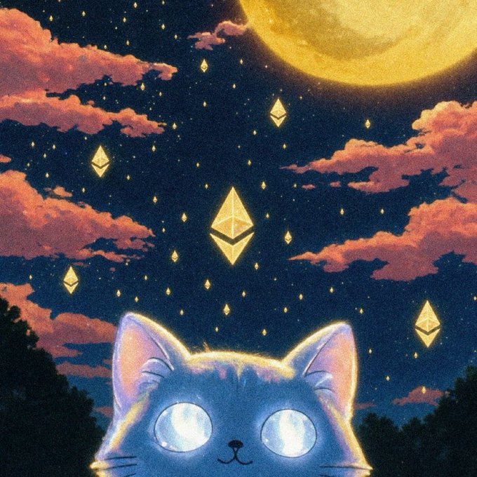 A wide-eyed blue cat gazes up at a starry night sky filled with glowing diamond-shaped Ethereum logos, a large yellow moon, and pink-hued clouds, visually echoing the $ETH and $MOON tickers in a whimsical, crypto-themed illustration.