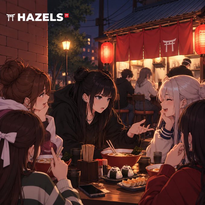 An anime-style illustration shows a group of girls enjoying a meal together at a lantern-lit Japanese restaurant, with 'HAZELS' and Japanese characters visible in the signage.
