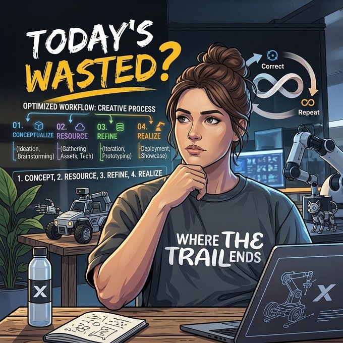 An illustrated graphic titled 'TODAY'S WASTED?' depicts a thoughtful woman in a workspace with the text 'WHERE THE TRAIL ENDS' on her shirt, alongside an 'OPTIMIZED WORKFLOW: CREATIVE PROCESS' diagram showing four steps: 1. CONCEPTUALIZE, 2. RESOURCE, 3. REFINE, 4. REALIZE, with a 'Correct' and 'Repeat' loop cycle.