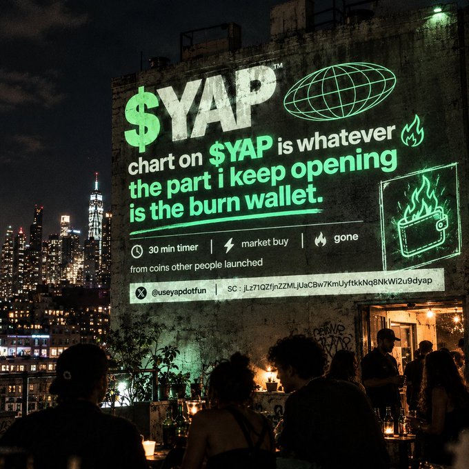 A nighttime scene showing a rooftop gathering with people, featuring a large green neon projection on a wall advertising "$YAP" with text "chart on $YAP is whatever the part i keep opening is the burn wallet," including "@useyapdotfun" and a contract address.