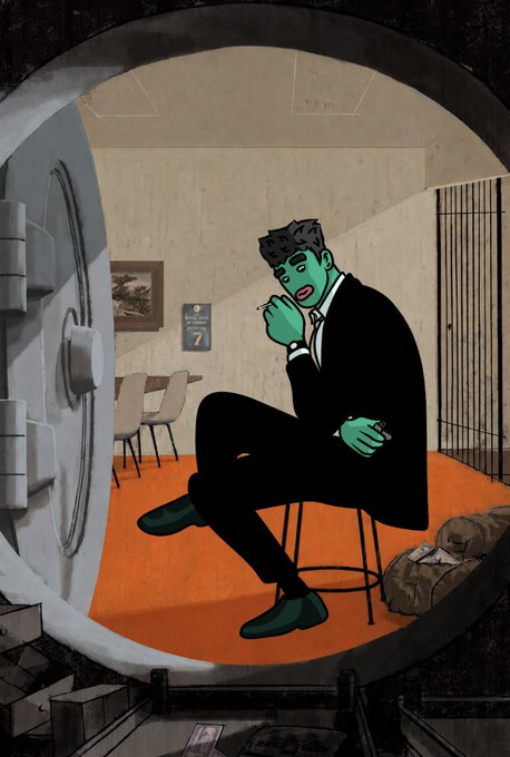 An illustration of a green-skinned, dark-haired man in a black suit sitting on a chair inside a vault, appearing distressed, in a scene resembling Breaking Bad/Better Call Saul.