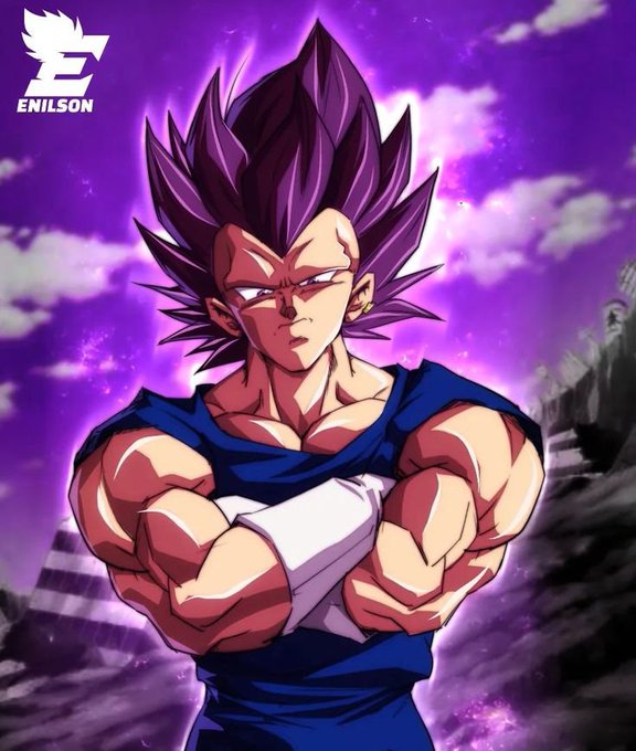 An anime-style illustration of Vegeta (likely Super Saiyan form) from Dragon Ball with purple spiky hair, crossed arms in his signature pose, with 'ENILSON' logo in the top-left corner against a purple cloudy sky background.