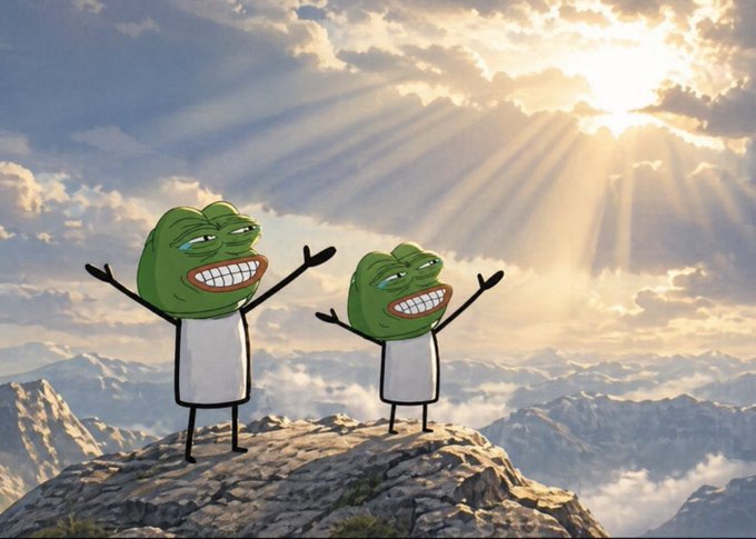Two cartoon frogs with wide smiles stand triumphantly with arms raised on a mountain peak against a dramatic sky with sunrays breaking through clouds.