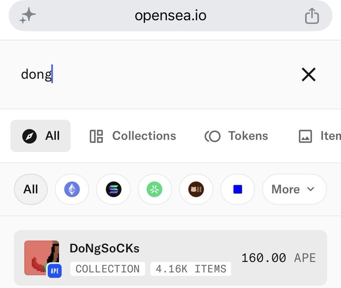 A screenshot of the opensea.io website showing a search for 'dong' with filter tabs for All, Collections, Tokens, and Items, displaying a collection called 'DoNgSoCKs' priced at 160.00 APE with 4.16K items.