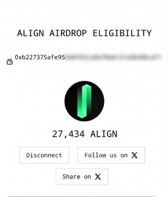 A screenshot showing an "ALIGN AIRDROP ELIGIBILITY" page with the wallet address starting "0xb227375afe95" and an allocation of 27,434 ALIGN tokens, along with Disconnect, Follow us on X, and Share on X buttons—illustrating the airdrop allocation check promoted in the post.