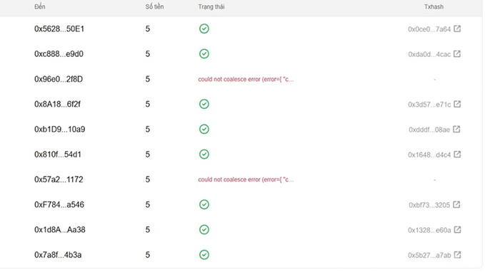A table of cryptocurrency transactions showing addresses, amounts of 5, green checkmarks for success, and red errors reading 'could not coalesce error' for some entries, with columns in Vietnamese (Địa chỉ, Số lần, Trạng thái, Txhash).