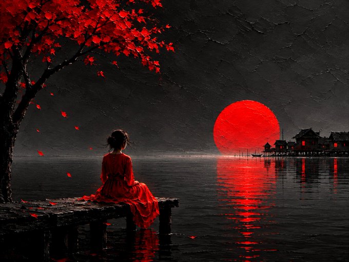 A painting depicting a woman in a red dress sitting on a dock under a red-leafed tree, looking out at a blood-red moon rising over the water.