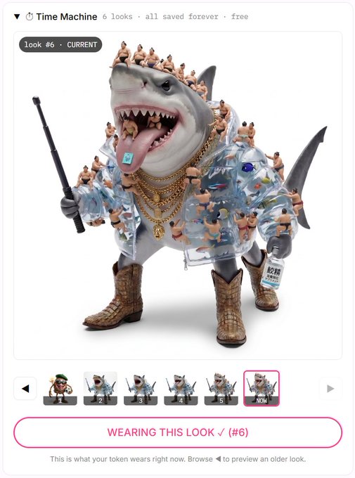 A digital collectible interface shows a 'Time Machine' feature with 6 looks, currently displaying a shark-headed character wearing a jeweled jacket, gold chains, and cowboy boots.