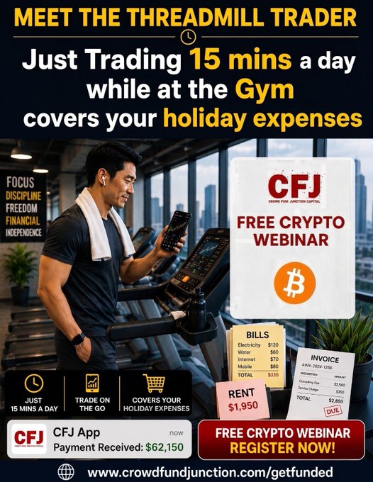 An advertisement titled 'MEET THE TREADMILL TRADER' promoting 'Just Trading 15 mins a day while at the Gym covers your holiday expenses' with a CFJ (Crowd Fund Junction Capital) Free Crypto Webinar registration call-to-action and payment receipt of $62,150.