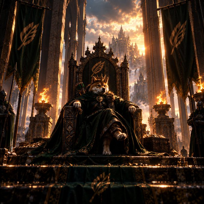 A fantasy artwork depicting a crowned canine figure, possibly a wolf or dog king, seated on an elaborate dark throne adorned with green banners, with a castle silhouette and dramatic sunset in the background.
