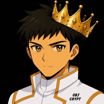 An anime-style illustration of a young man with brown hair wearing a gold crown and a white uniform with gold trim, featuring the text 'OBJ CRYPT' on the collar against a black background.