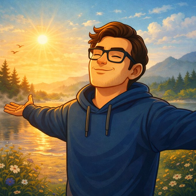 A cartoon man with glasses and a blue hoodie stands peacefully by a lake at sunrise, arms outstretched in a calm, content pose. The serene setting complements the post's message about how the Sleepagotchi app encourages daily engagement through rewarding, habit-forming experiences rather than pressure.
