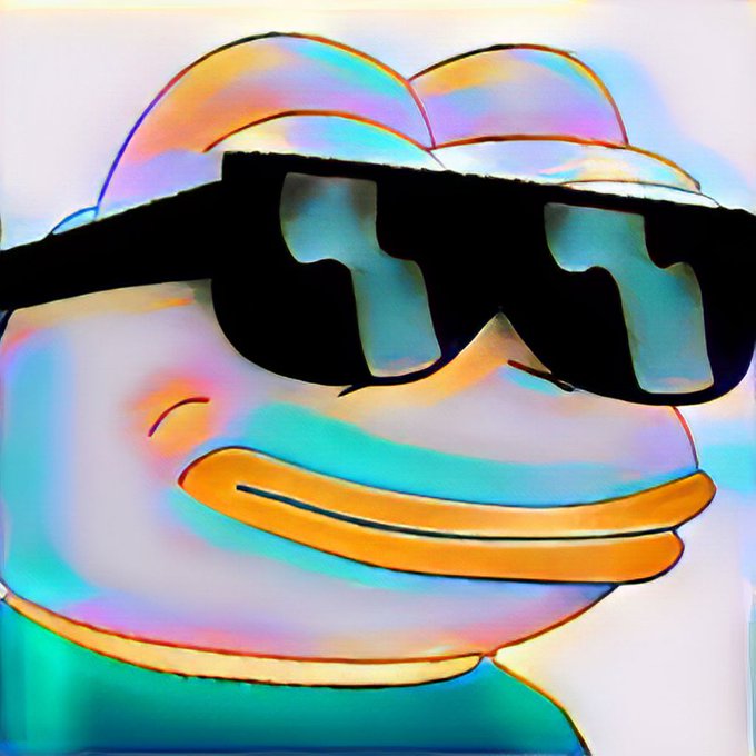 A stylized, iridescent cartoon character wearing oversized black sunglasses, rendered with a glitchy, holographic effect.