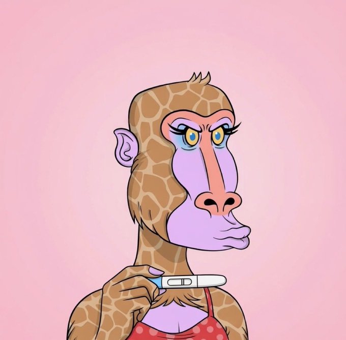 A digital illustration of a giraffe-like character with purple skin, wearing a red polka-dot top, holding a pregnancy test on a pink background.
