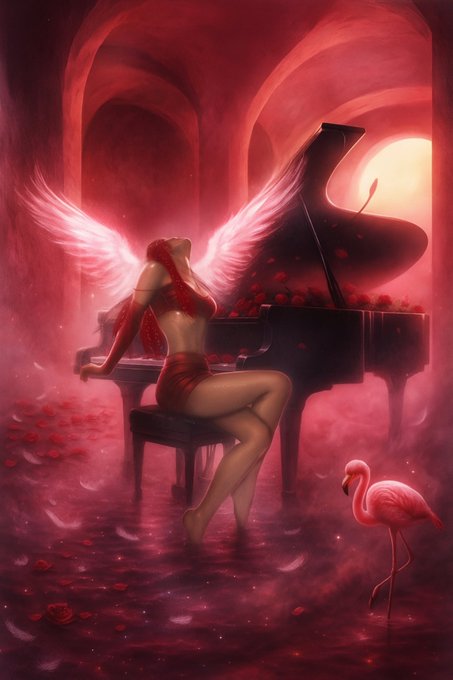 A winged angel with red hair and a flowing red dress sits at a grand piano in a rose-petal-filled hall, accompanied by a pink flamingo bathed in crimson light. The ethereal, dreamlike artwork evokes the romantic and mystical themes suggested by the NFT collection titles being shared in the post.