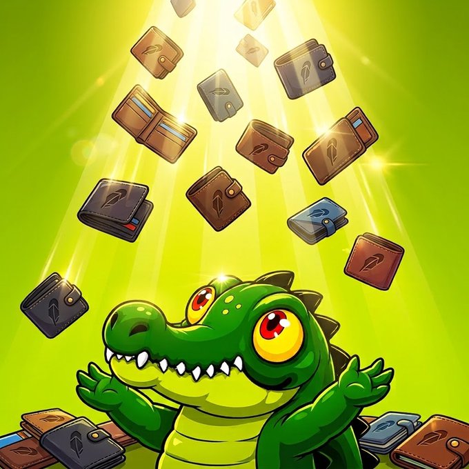 A cheerful cartoon crocodile with big yellow eyes looks up joyfully as a glowing shower of colorful leather wallets rains down from above against a vibrant green background, perfectly matching the crypto giveaway theme where 10 guaranteed whitelist spots are being offered in collaboration with @Chomponhood, requiring participants to follow both accounts, like, retweet, and comment with their EVM wallet to qualify.