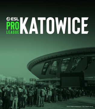 A promotional graphic for ESL Pro League Katowice featuring a green color scheme, the ESL Pro League logo, and a crowd gathered outside an arena.