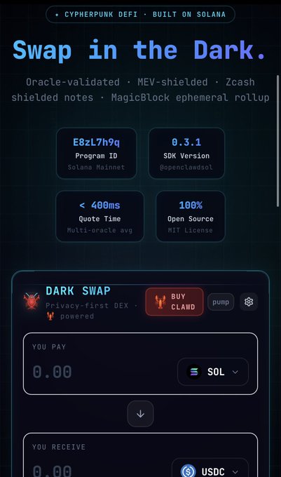 A dark-themed 'Swap in the Dark' DeFi interface for an open-source, privacy-first DEX built on Solana mainnet with oracle-validated, MEV-shielded swaps.