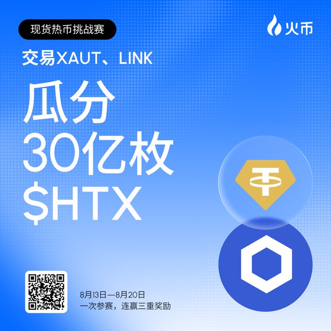A blue promotional graphic with Chinese text '瓜分30亿枚$HTX' (Share 3 billion $HTX) for a spot trading challenge involving XAUT and LINK, dated August 13-20.