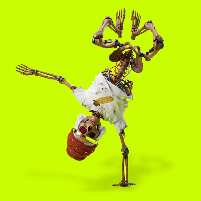 A 3D-rendered skeletal figure wearing a white shirt and red beanie performs a breakdance freeze against a bright yellow-green background.