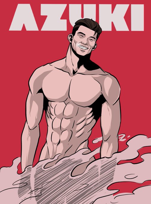 A comic-style illustration of a muscular, shirtless man smiling confidently against a bright red background with the word 'AZUKI' in large white letters at the top and water splashing at the bottom.